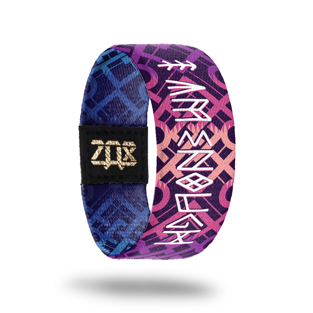 Inside design of I Am Enough. Dark purple background with light maroon lines intersecting and overlapping in a geometric pattern. In a unique mash up of runic and english text is I Am Enough in white at the center 