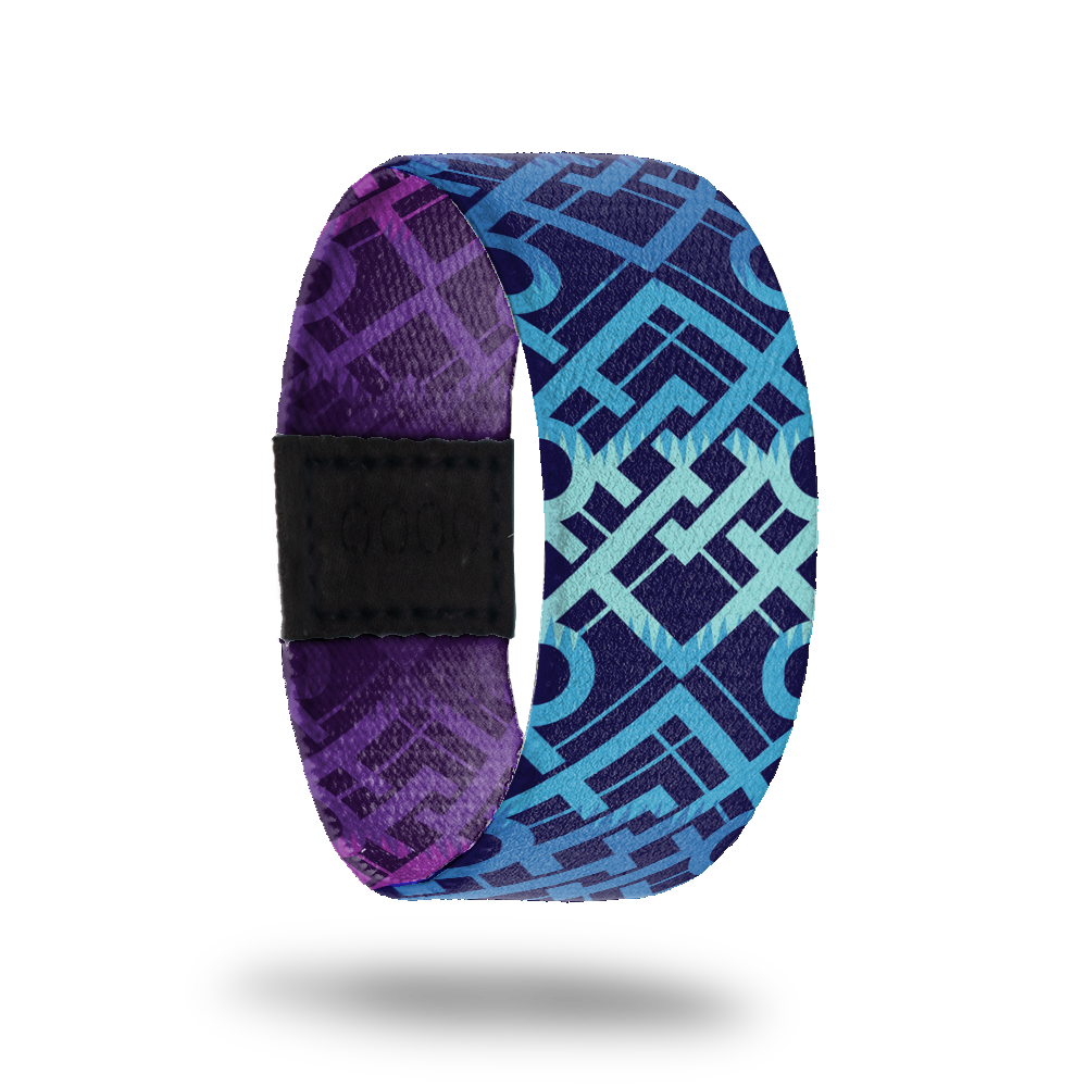 Outside design of I Am Enough. Dark blue background with light blue lines intersecting and overlapping in a geometric pattern 