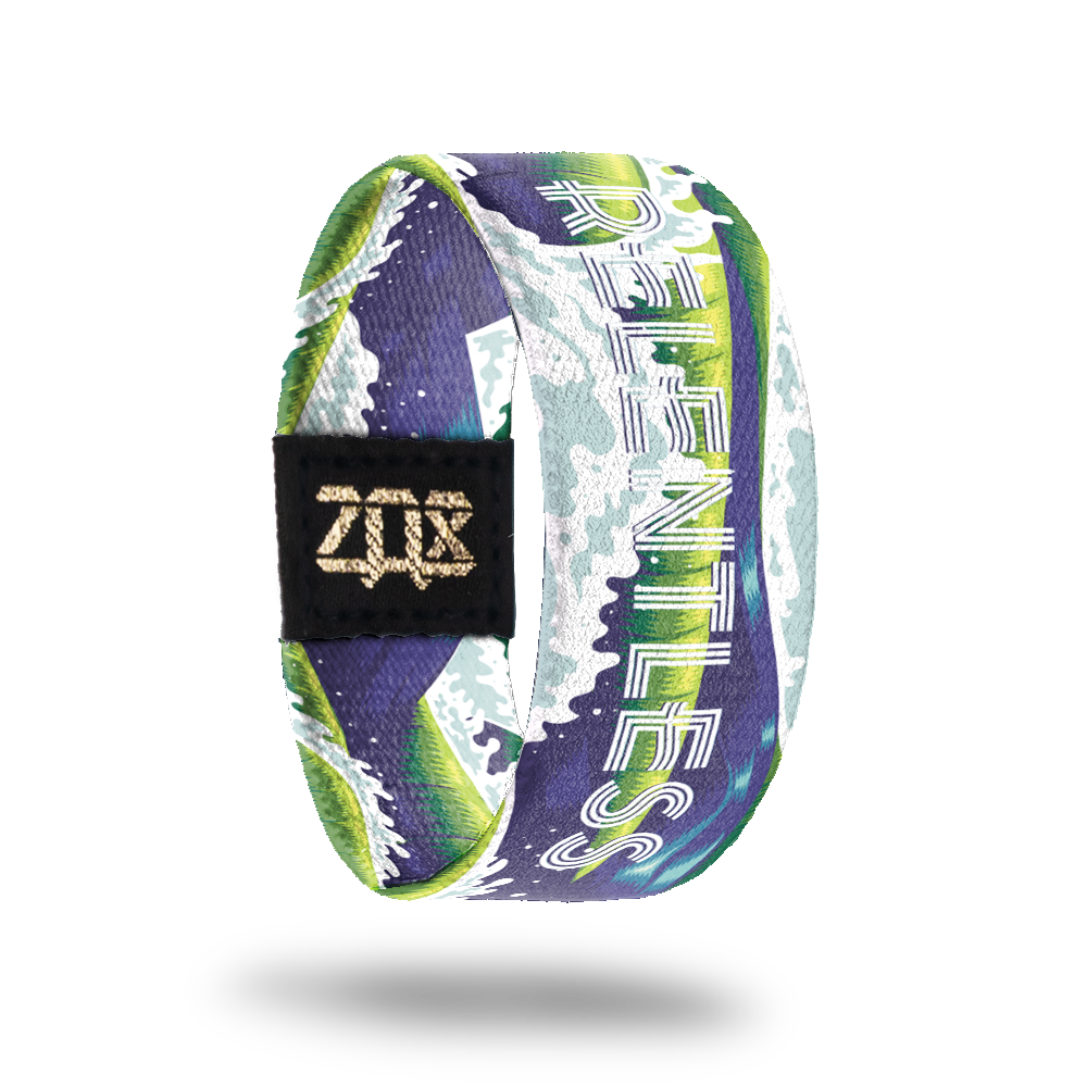 Inside design for Relentless. Purple background with white drawn waves and a green rectangular shape along the middle. Centered is Relentless in white thin text
