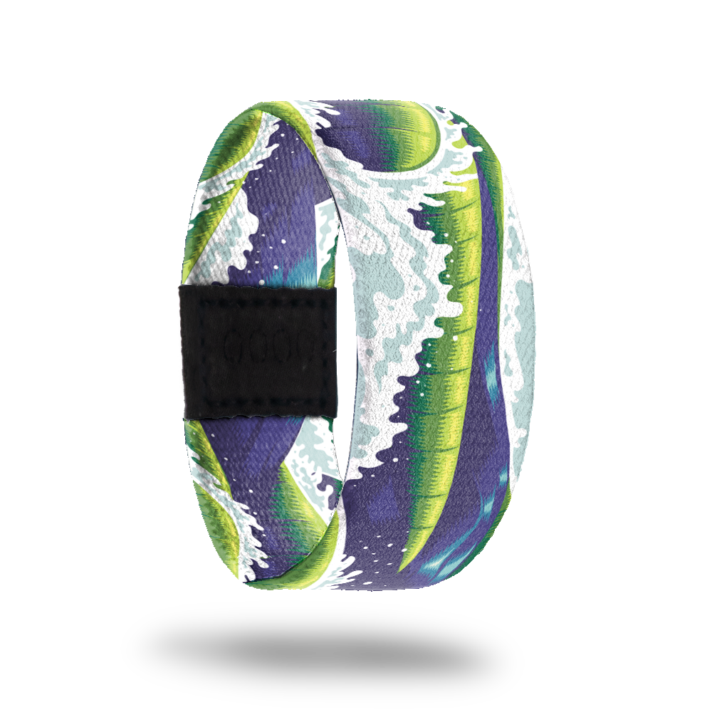 Outside design for Relentless. Purple background with white drawn waves and a green rectangular shape along the middle