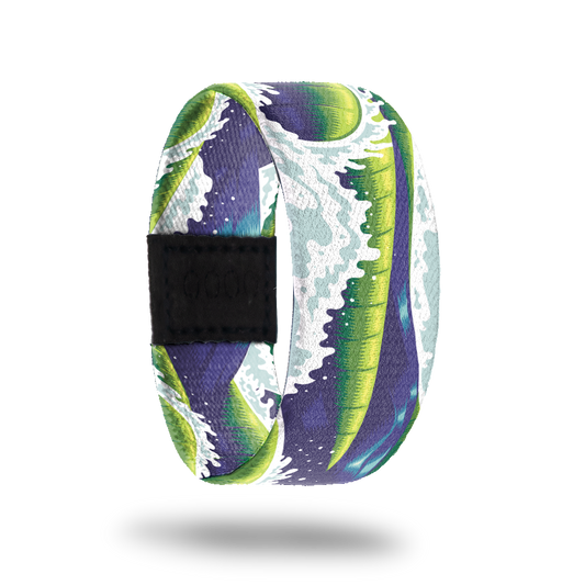 Outside design for Relentless. Purple background with white drawn waves and a green rectangular shape along the middle