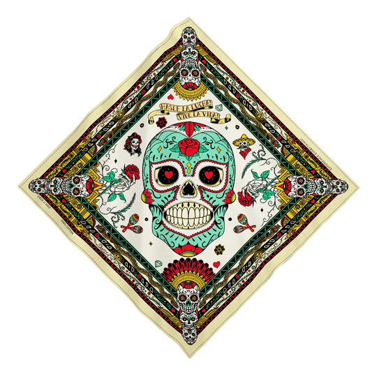 A multicolored bandana with a central skull design surrounded by floral patterns and other decorative elements on a white background.