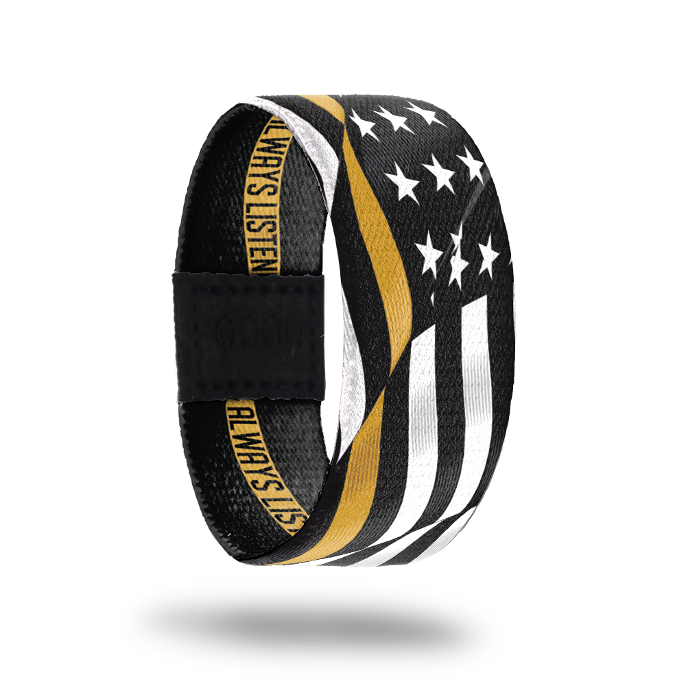 Outside Design of Always Listening: wavy black and white United States flag with a line of yellow for one bottom stripe of the flag