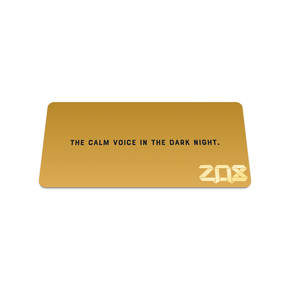 Back collector's card image of Always Listening, a deep yellow card with the text 'The calm voice in the dark night'