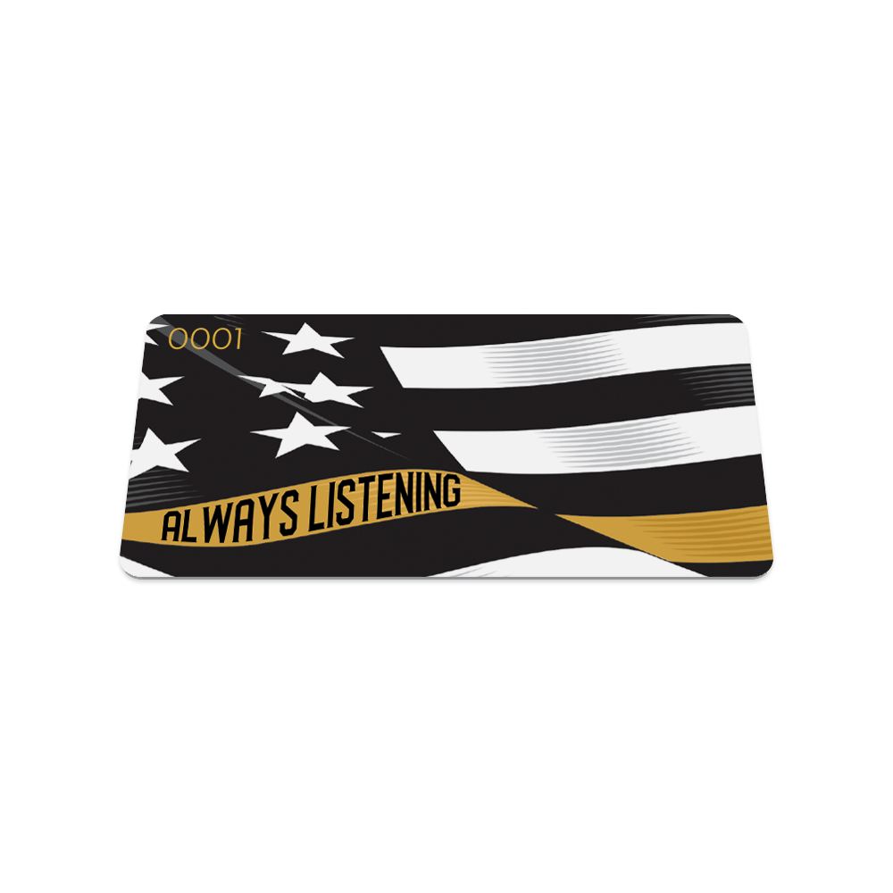 Front collector's card image of Always Listening, a wavy black and white United States flag with a line of yellow for one bottom stripe of the flag