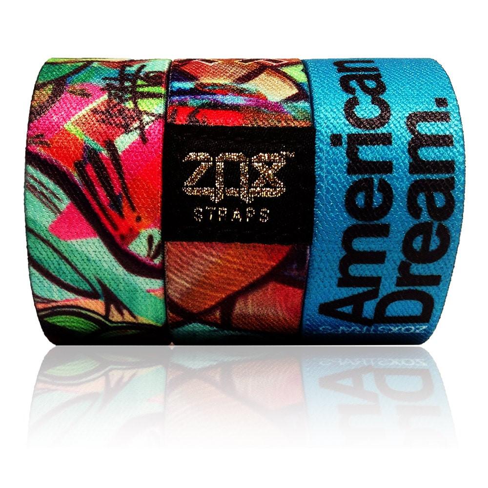 Brightly colored graffiti type design. Inside is soldi teal and reads American Dream.  