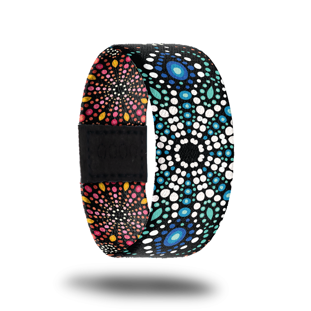 Outside design of Be Kind is of dot art in a mandala style in white, green, blue, pink, and yellow dots