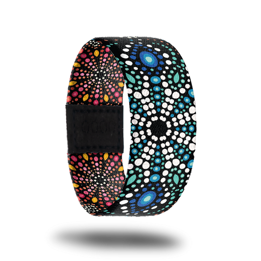 Outside design of Be Kind is of dot art in a mandala style in white, green, blue, pink, and yellow dots
