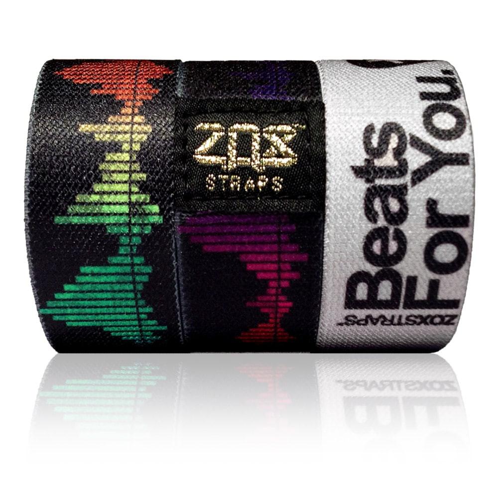 Outside Design Black with a gradient colored equalizer going around the Strap. Inside Design Grey with black "Beats for You." typography and a heart with a cross inside it.