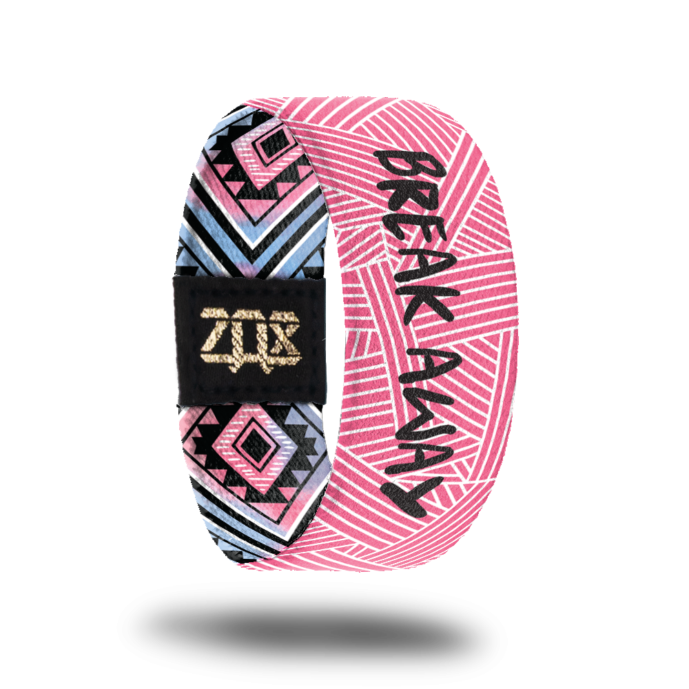 Inside design of Break Away, is a pink background with thin white lines interesting like a woven pattern and Break Away in black text in the center