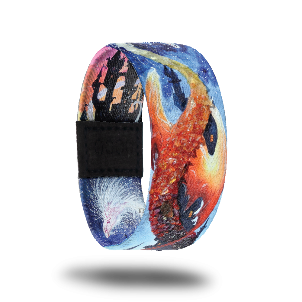 Outside design of Fire & Ice. A blended background of red and blue with an illustrated dragon across the design with a white-blue head and a red body