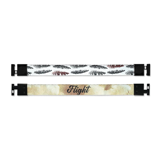  Shows outside and inside design for Flight imperial with black aglet clasps. Top is outside design with a white background and realistic different single feathers patterned along the design. Bottom is the inside design with a tan background and Flight in black text