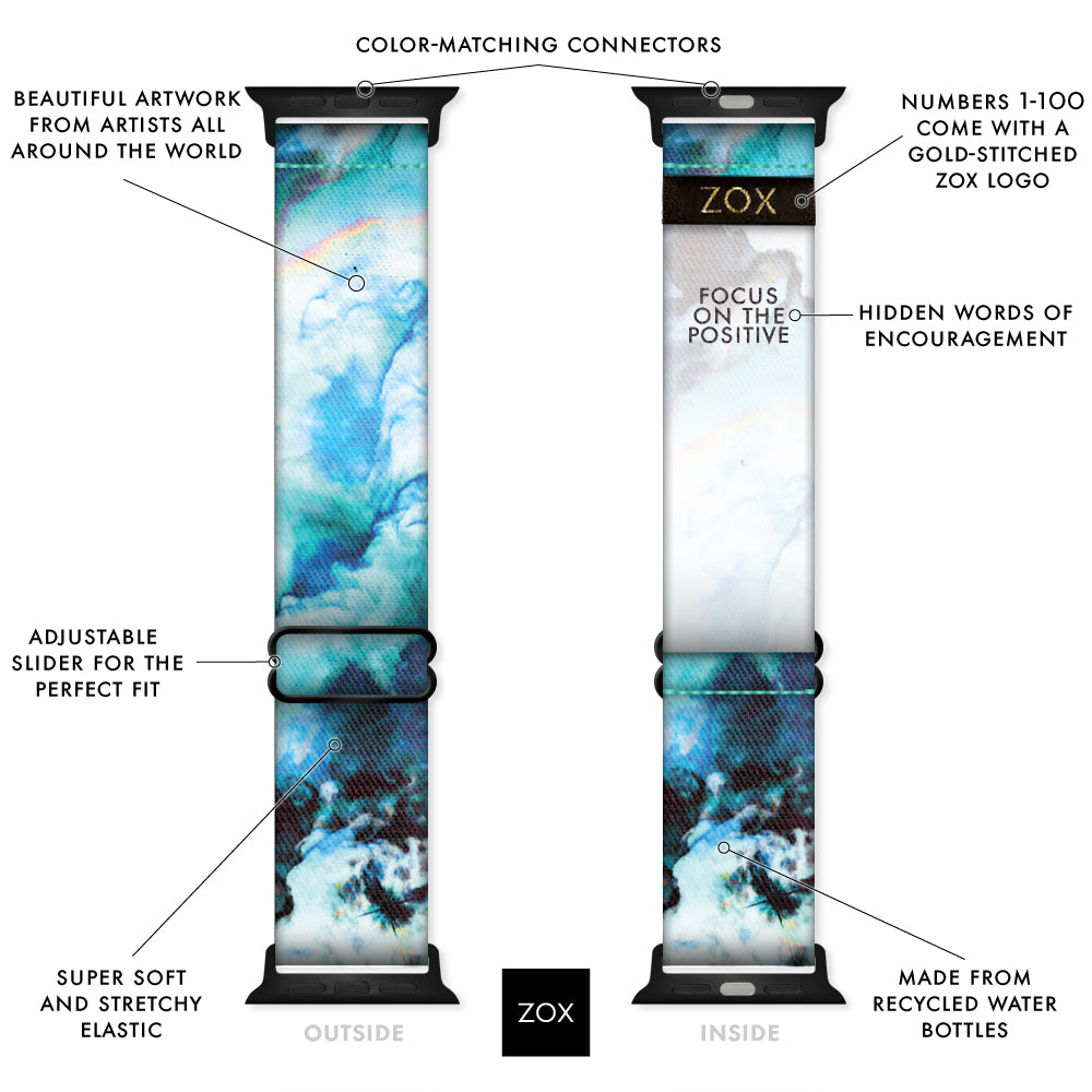 Watchband with a blue, teal, black and white marble design. Inside reads Focus On The Positive. Check size guide for compatible watches.
