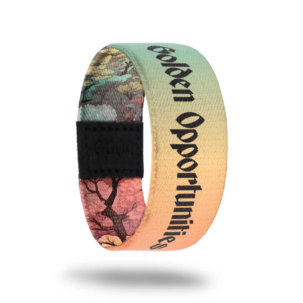 Inside is a gradient of yellow, orange, green, pink muted colors and says Golden Opportunities in black font.