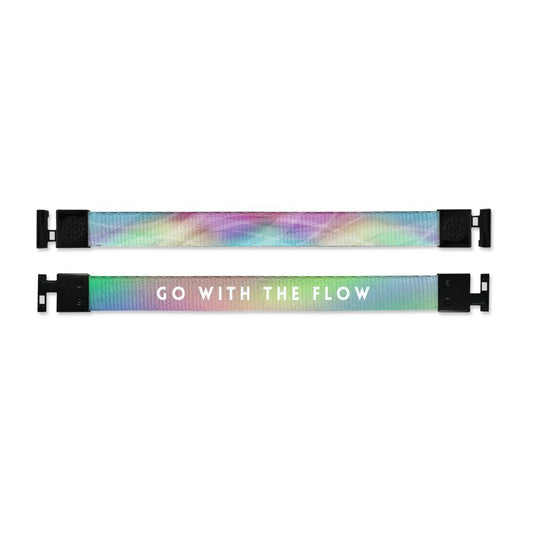 Shows outside and inside design for Go With The Flow imperial with black aglet clasps. Top is the outside design of a colorful blend of light colors. Purple, blue, green, and yellow. Bottom is the inside with the same blend of colors with Go With The Flow in white text at the center