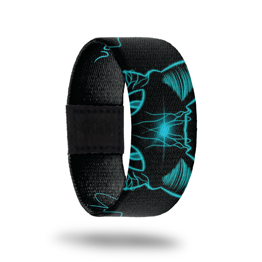 Black strap with a neon teal outline if a fox with glowing eyes. 
