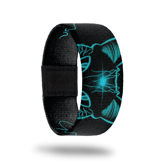 Black strap with a neon teal outline if a fox with glowing eyes. 