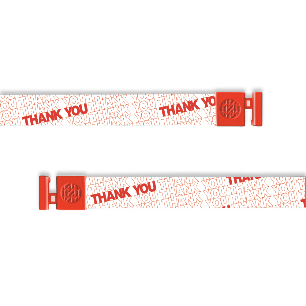 Two red and white lanyards with the text 'THANK YOU' printed on them.