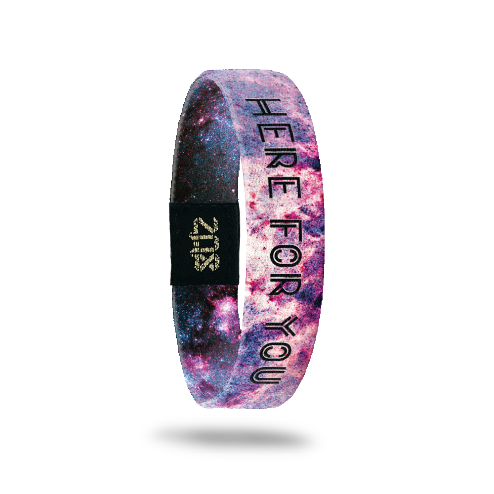 Inside Design of Here For You: purple, red, white, and pink galaxy design with black text overlaying ‘Here For You’