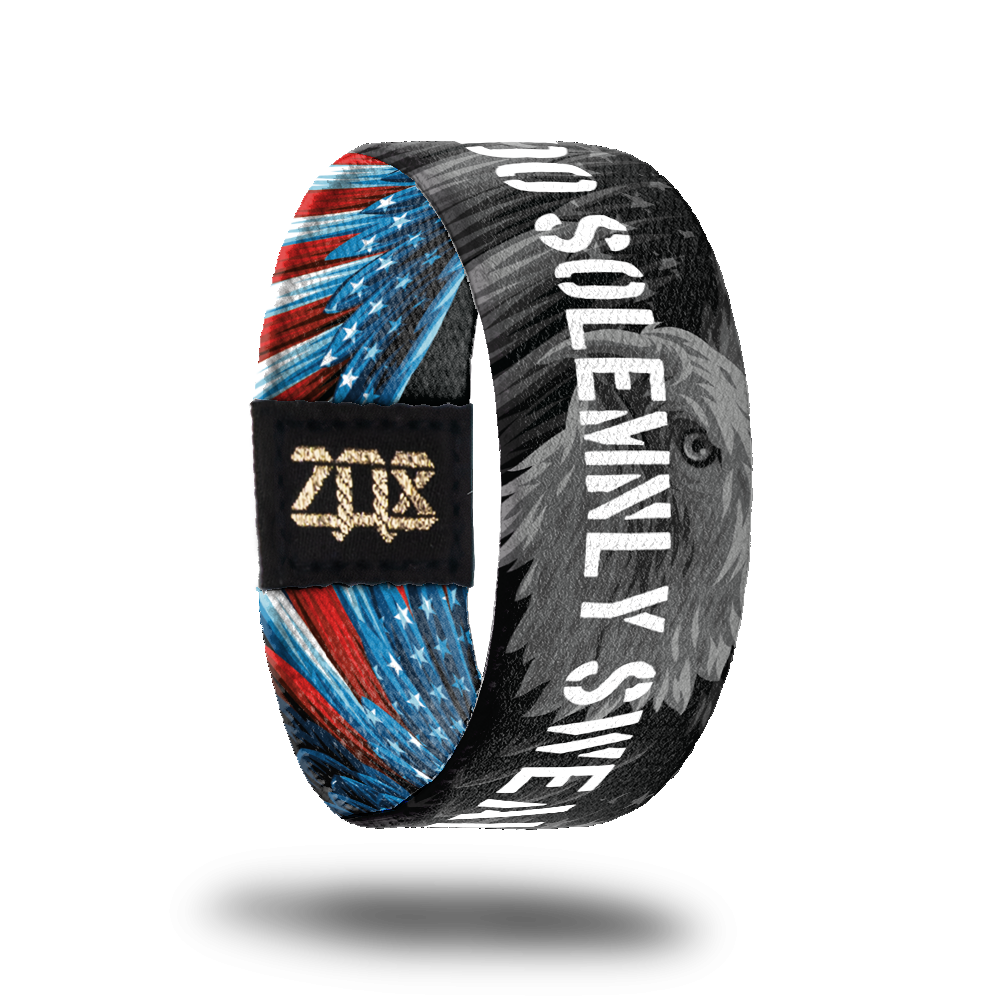 Inside design of I Do Solemnly Swear. Black and grey version of the outside design of the bald eagle with I Do Solemnly Swear in bold white text 