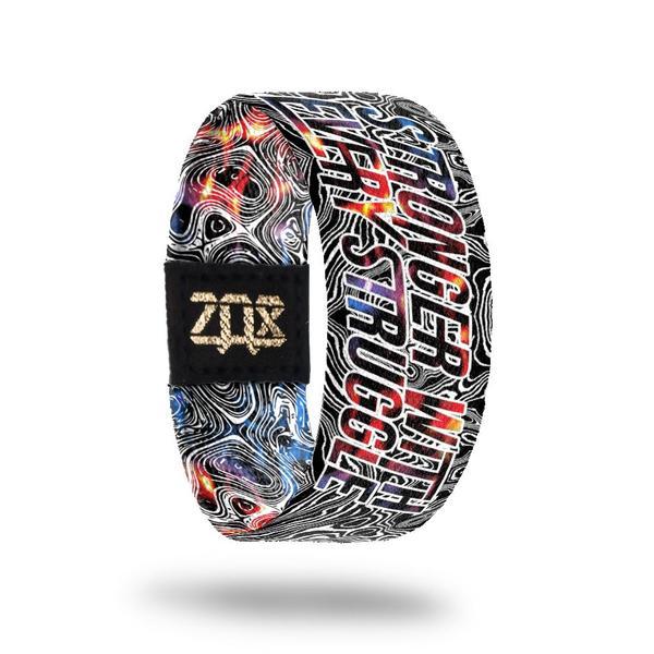 Inside design for Stronger With Every Struggle. Blended design of red and black with white thin swirl lines and Stronger With Every Struggle in white outlined text