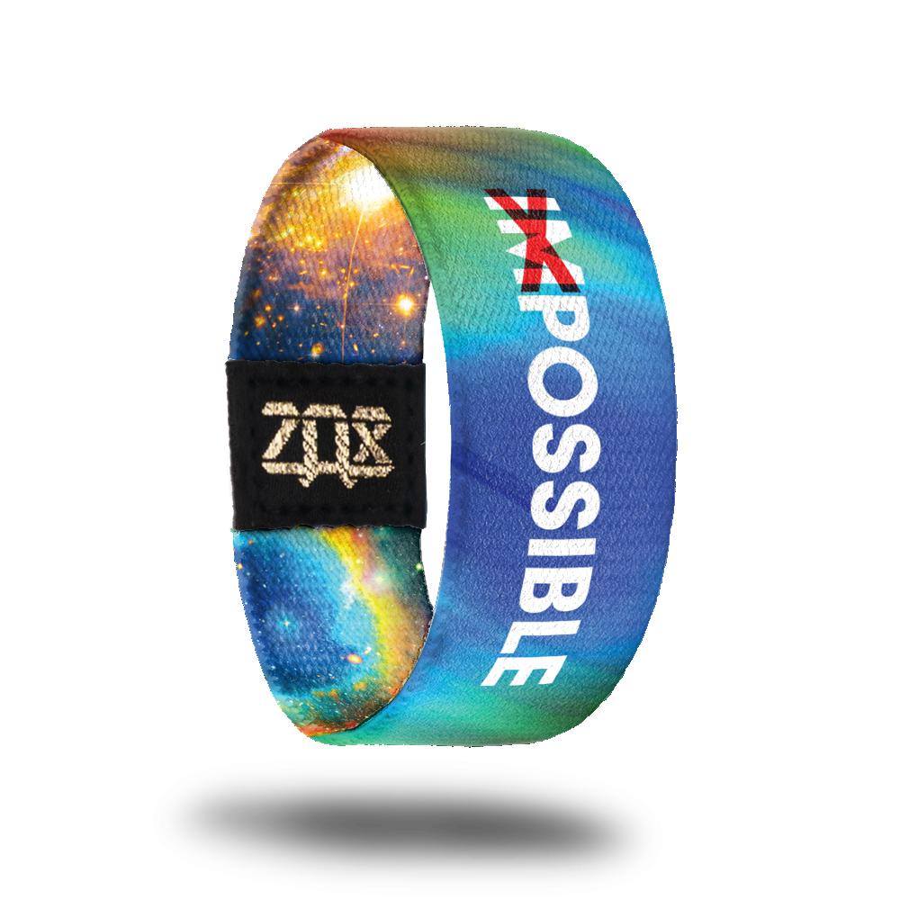 Inside design for Possible. a blended background for dark blue, light blue, and green. Centered in white text is the word Impossible with a red X shape on top of IM so it reads as Possible