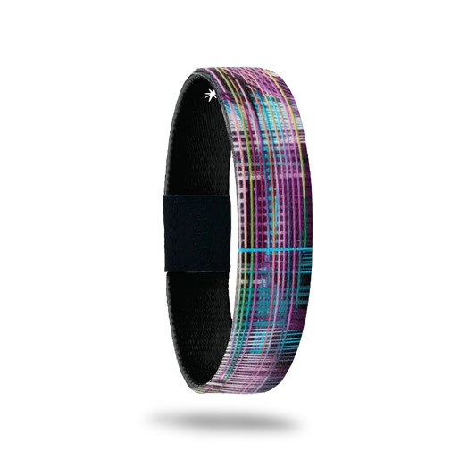 A multicolored wristband watch strap with a geometric pattern.