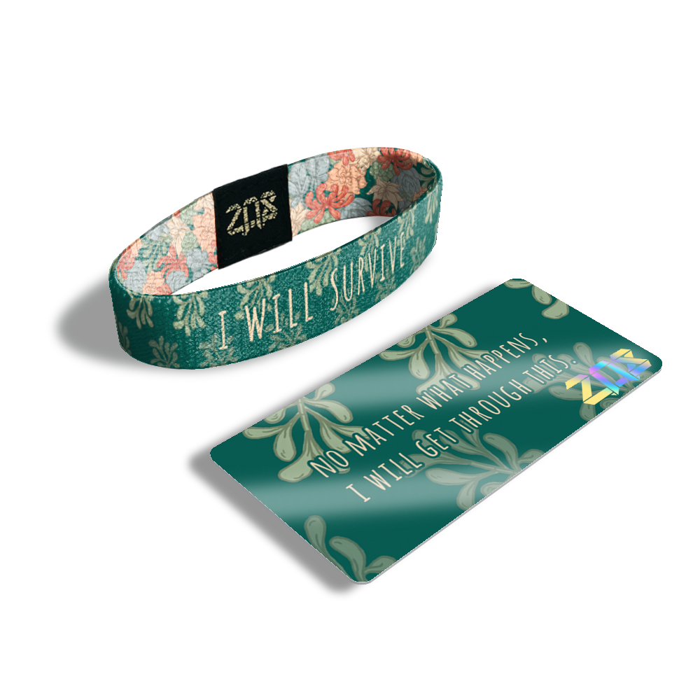 Inside Design of I Will Survive: dark green background with light green leaves and tan text ‘I Will Survive’ with its card that says 'No matter what happens, I will get through this.'