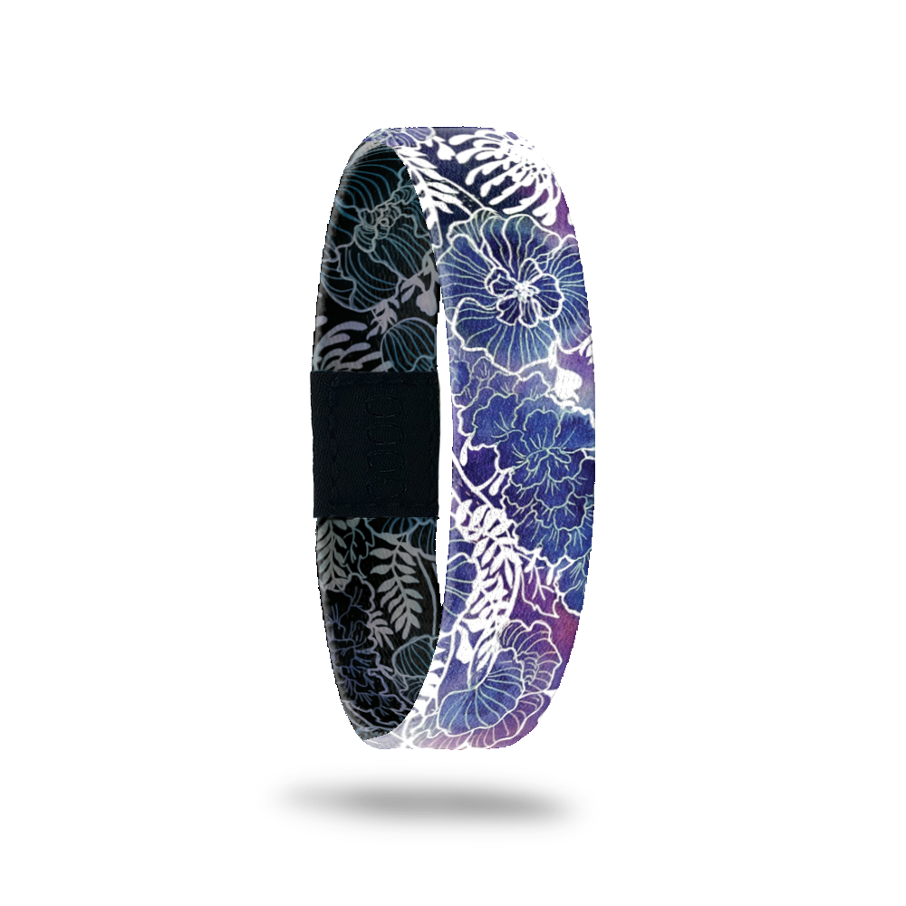 Outside Design of Keep Going: blue and purple background with white floral sketch overlayin