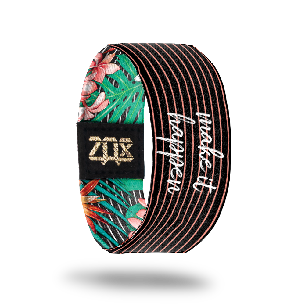 Inside design of Make It Happen. Black background with thin pink lines running across the design. Centered is Make It Happen in thin white text