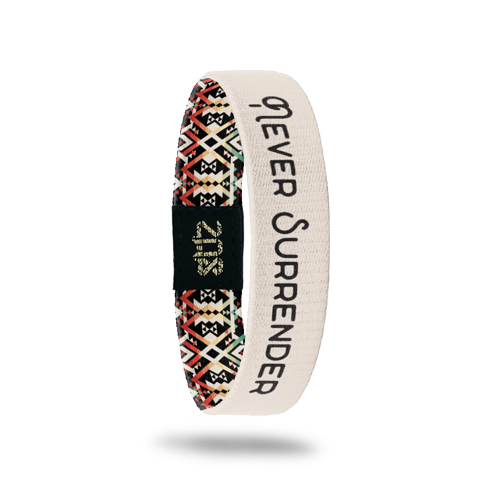 Inside Design of Never Surrender: tan background with black text overlaying ‘Never Surrender’