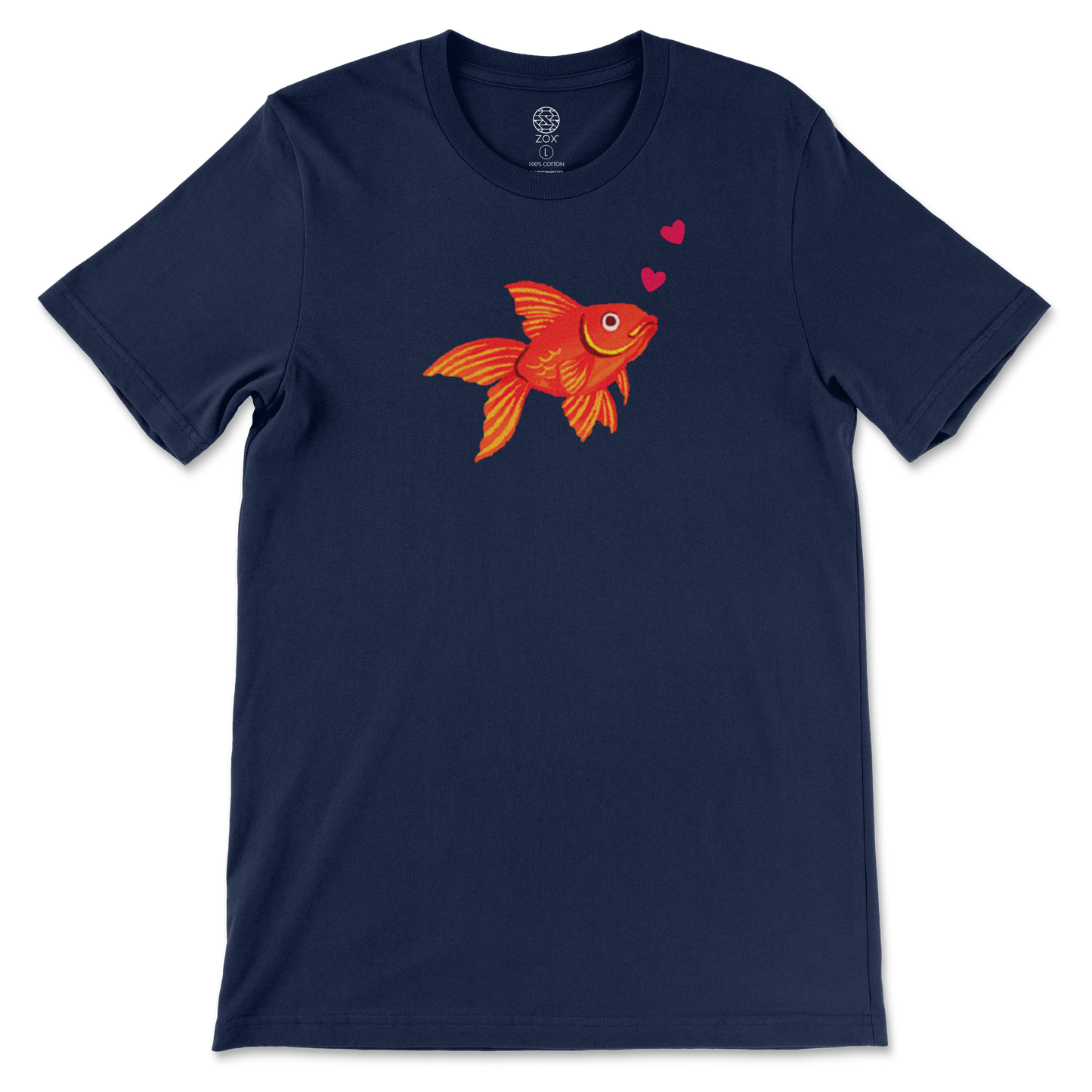 A navy blue, unisex fitting tshirt with a bright orange goldfish on the front. The goldfish is blowing heart shaped pink bubbles. 