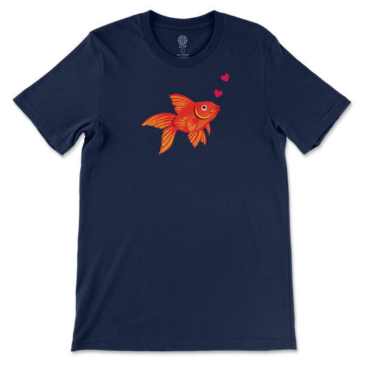 A navy blue, unisex fitting tshirt with a bright orange goldfish on the front. The goldfish is blowing heart shaped pink bubbles. 