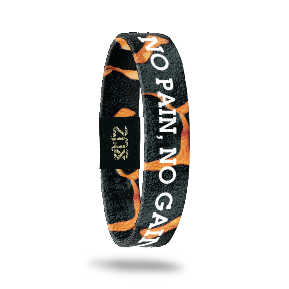 Product photo of inside design with white bold text overlaying a black and orange poison dart frog design
