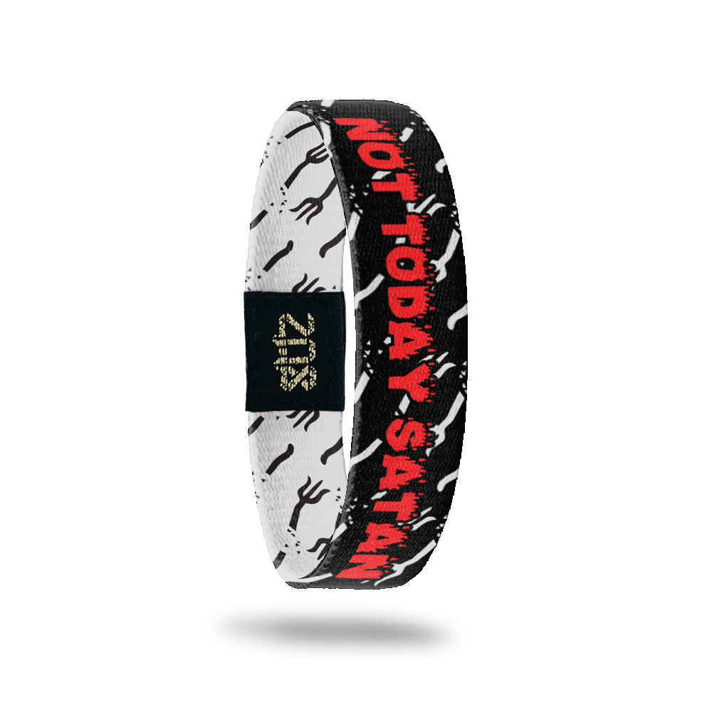 Inside Design of Not Today Satan: black background with white pitchfork pattern with bold red fiery text ‘Not Today Satan’