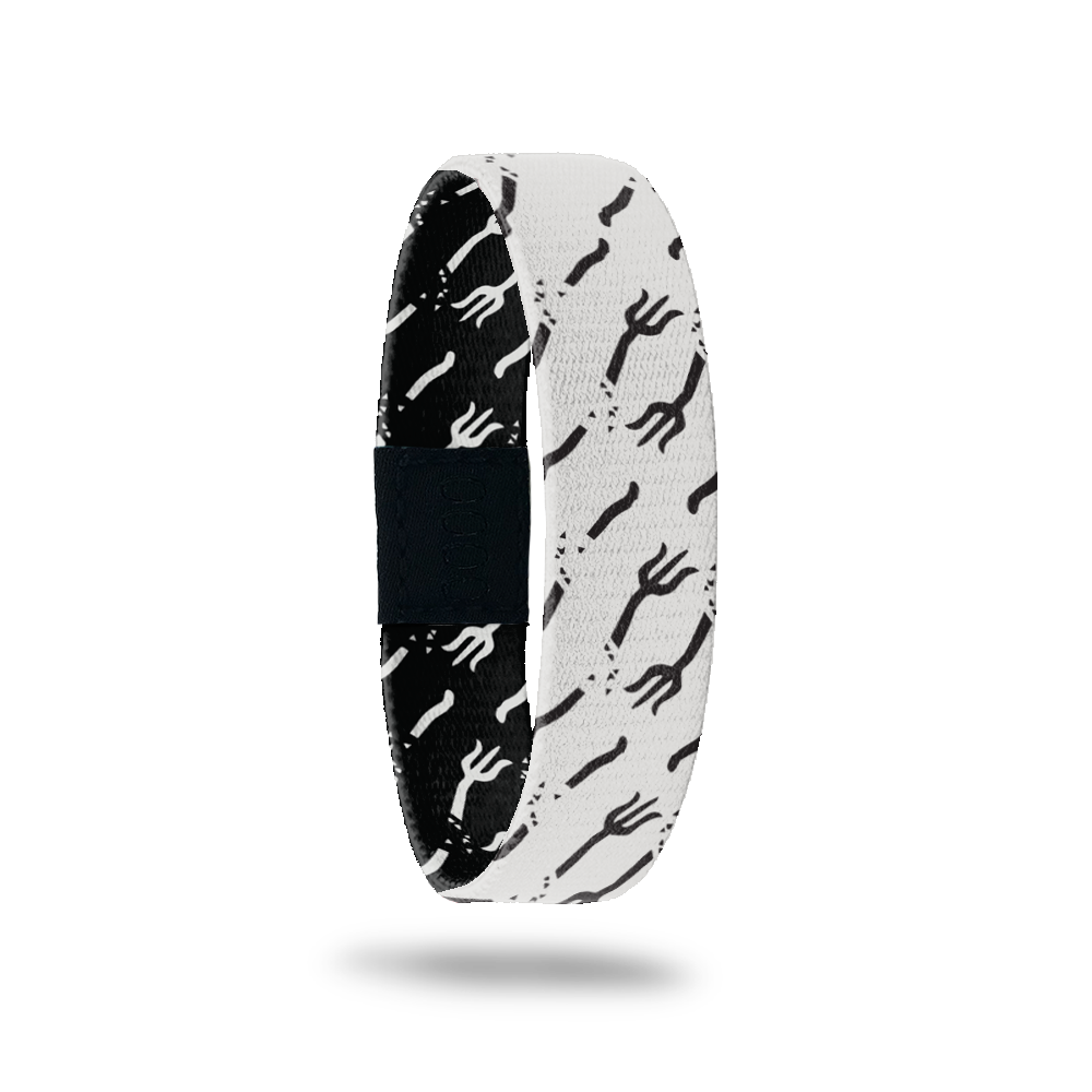 Outside Design of Not Today Satan: white background with black pitchfork pattern