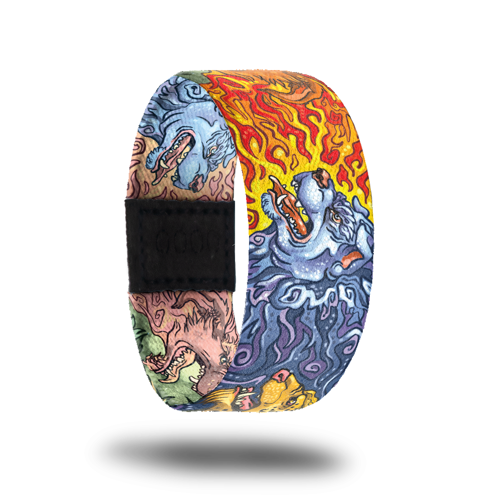 Outside design for On Guard. Three elemental guardian canine heads run along the design and positioning on each strap can vary. The three elements featured are a blue water canine, a red and yellow fire canine, and a green and yellow nature canine 