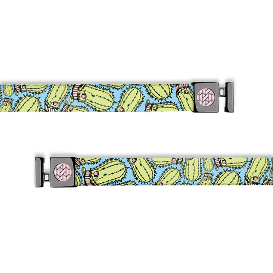 Hoodie string that is light blue with green cacti all over. The cacti have scary monster faces. Has gunmetal aglets. 
