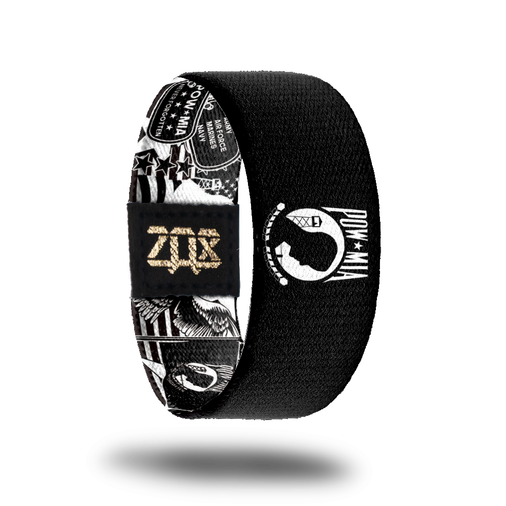 product image of the inside of a wristband design for POW MIA showing different military emblems  