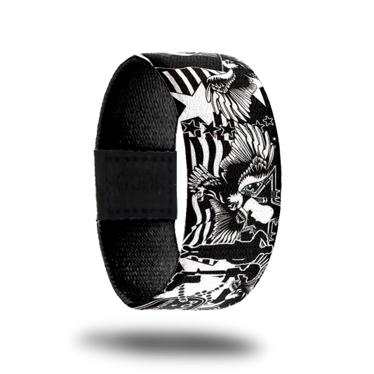 product image of the outside of a wristband design for POW MIA showing different military emblems  