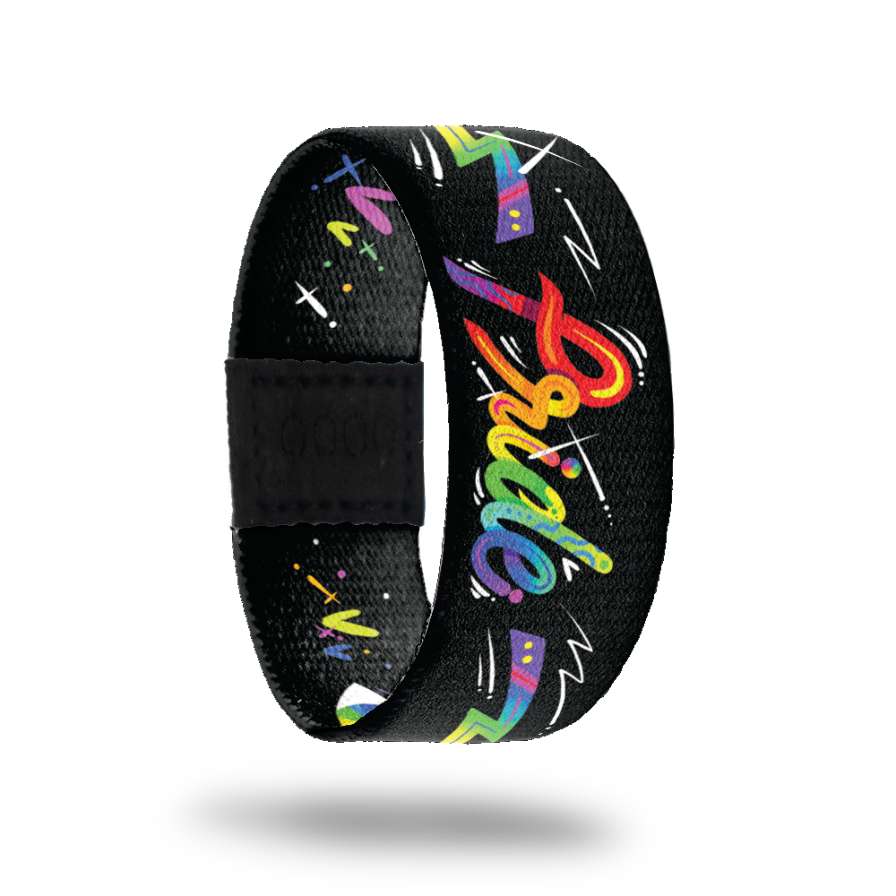 Outside design for Pride. Black background with Pride in bold and rainbow colored text in the center. Two rainbow colored drawn lighting bolts on either side of the text