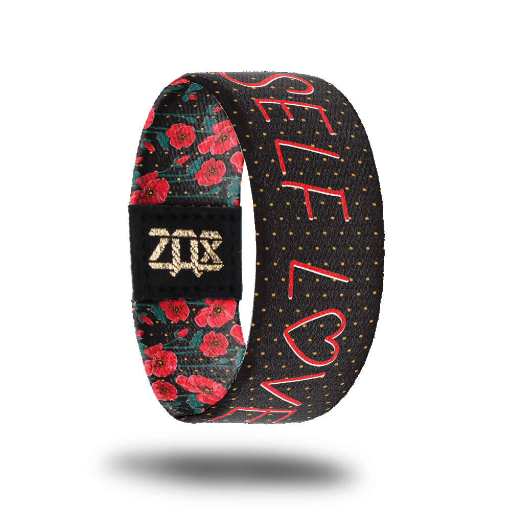 Inside design for Self Love. Black background with small red dot pattern with Self Love in red text. The O in love is replaced with an outline heart shape