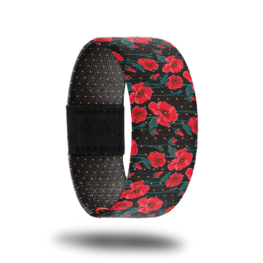 Outside design for Self Love. Black background with small red dot patteren and on top red flowers with small green leaves