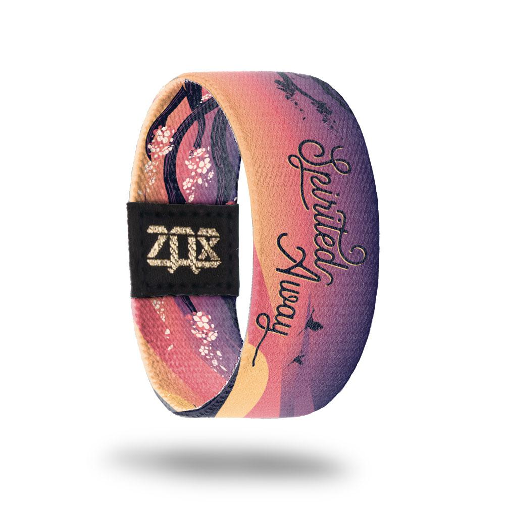 Inside desgin for Spirited Away. blended background of pink and light orange with Spirited Away centered in thin black text 