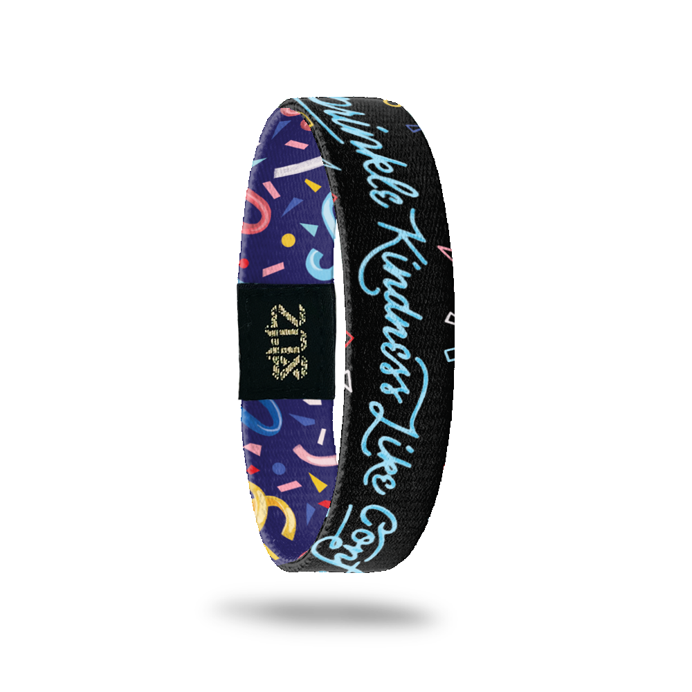 Inside Design of Sprinkle Kindness Like Confetti: black background with varying colored confetti outlines and light blue cursive text ‘Sprinkle Kindness Like Confetti’