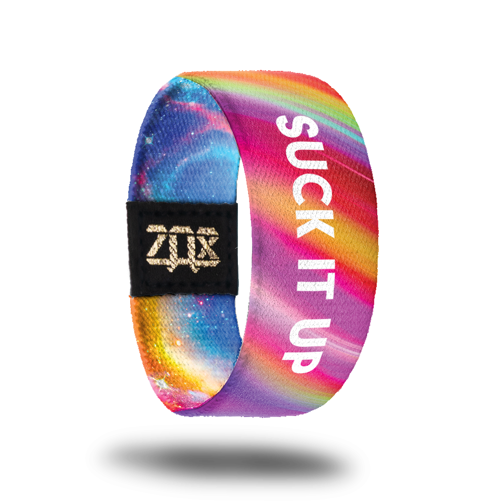Inside design for Suck It Up. blended gradient background with shades of pink, some purple, and some orange. Centered is Suck It Up in white text 