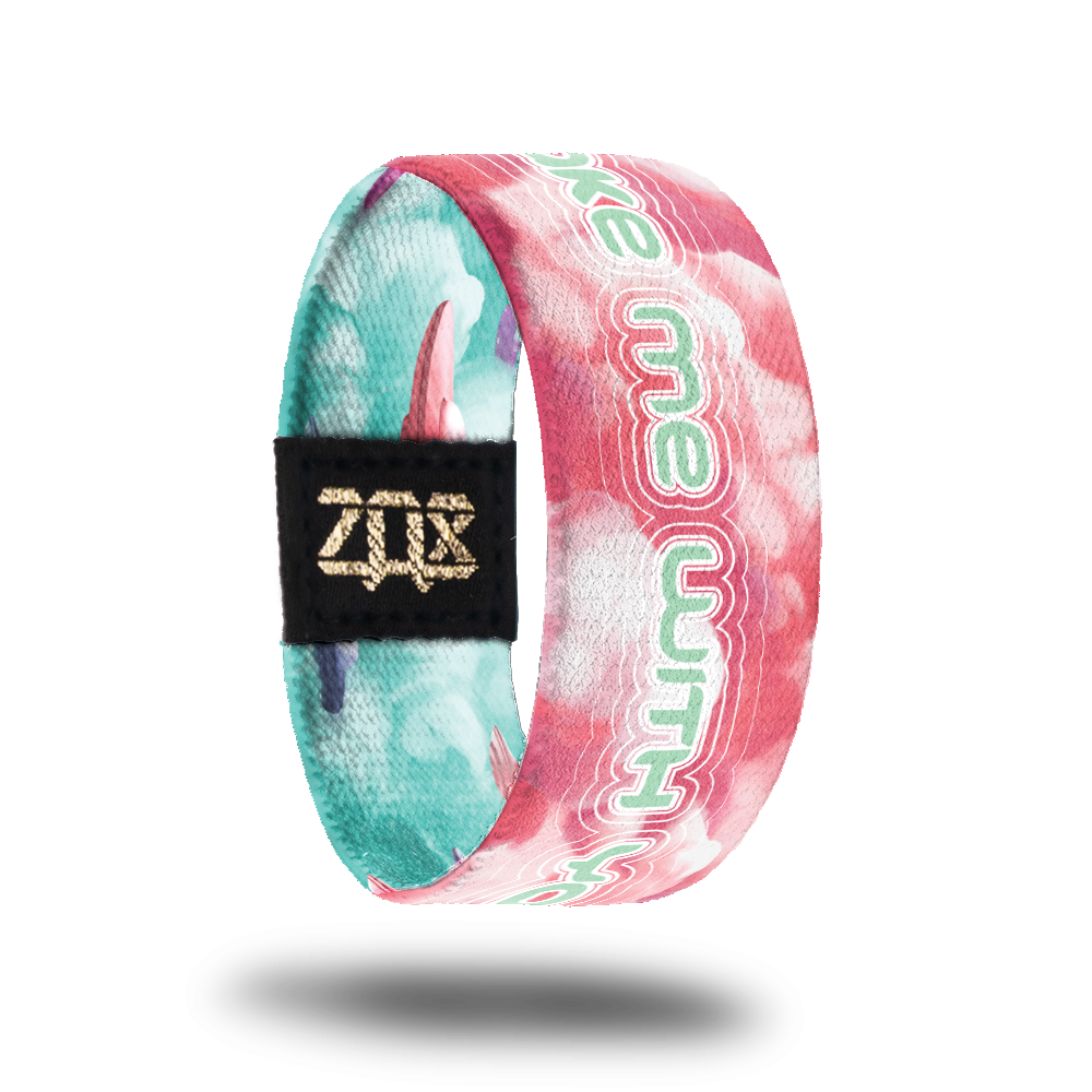 inside design for Take Me With You. pink clouds with Take Me With You in teal text