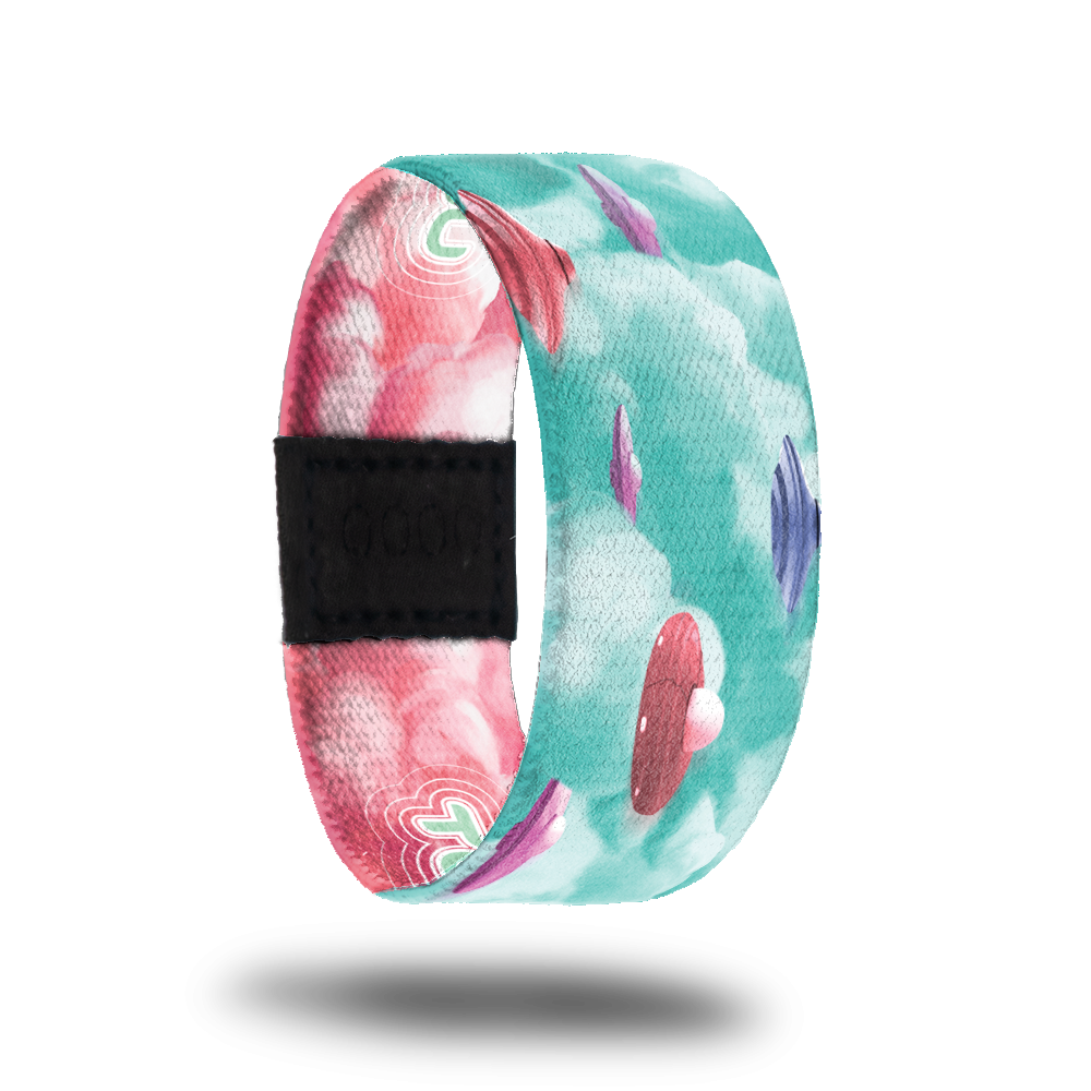 2 of 3 possible outside designs for Take Me With You. Blue clouds with pink ufo space ships