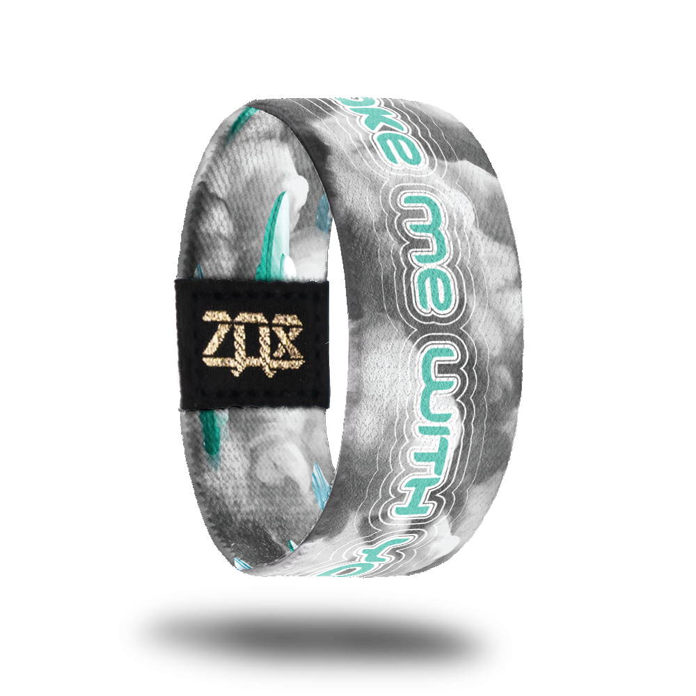 inside design for Take Me With You. Grey clouds with Take Me With You in blue text