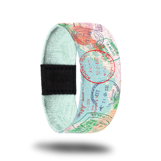 Outside Design of The Places You'll Go: light blue map background with varying passport stamps